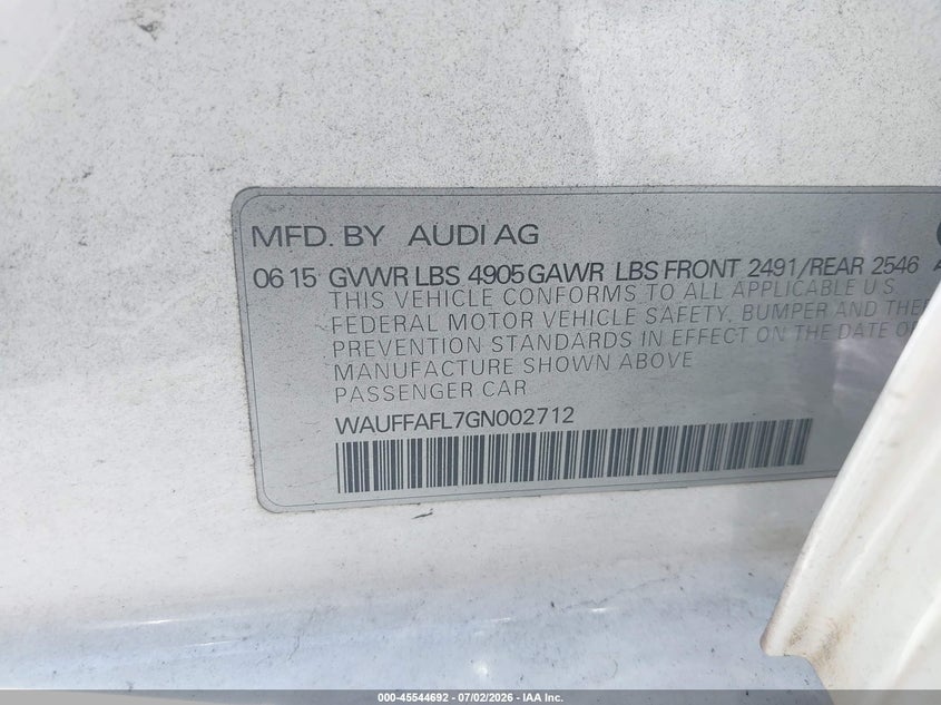 2016 Audi A4 VIN WAUFFAFL7GN002712 IAAI salvage auction — NORMAL WEAR, Repossession Paperwork (Georgia), sold $525 on 2026-07-28 (photo 9)