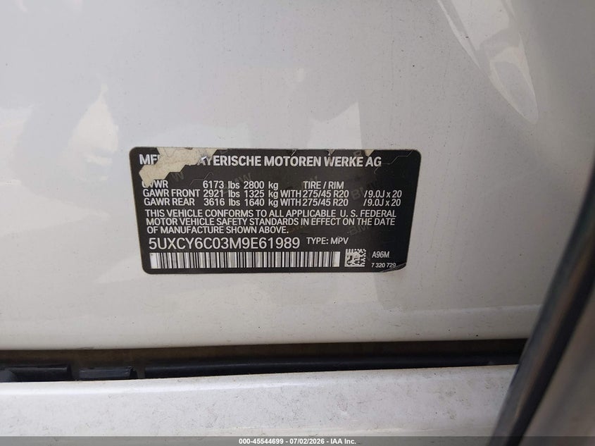 2021 BMW X6 VIN 5UXCY6C03M9E61989 IAAI salvage auction — FRONT & REAR, Salvage (Connecticut), sold $18,300 on 2026-07-30 (photo 9)