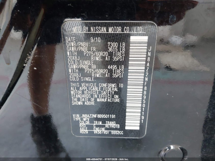 2011 Infiniti Qx56 VIN JN8AZ2NF8B9501191 IAAI salvage auction — FRONT END, Rebuildable (Florida), sold $825 on 2026-07-22 (photo 9)