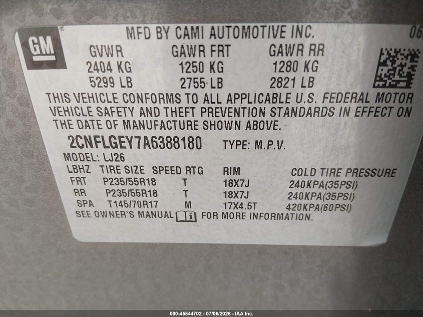 2010 Chevrolet Equinox VIN 2CNFLGEY7A6388180 IAAI salvage auction — SIDE, Salvage (Indiana), sold $1,700 on 2026-07-26 (photo 9)