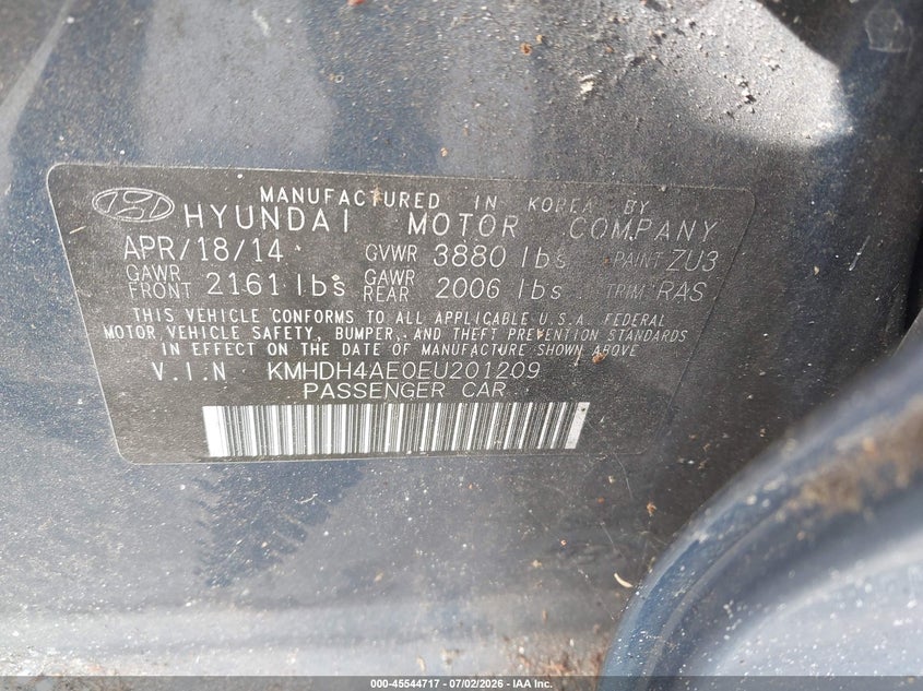 2014 Hyundai Elantra VIN KMHDH4AE0EU201209 IAAI salvage auction — NORMAL WEAR, Clear (Florida), sold $25 on 2026-07-29 (photo 9)