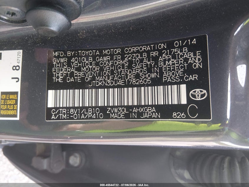 2014 Toyota Prius VIN JTDKN3DU4E1782605 IAAI salvage auction — NORMAL WEAR, Clear (Montana), sold $75 on 2026-07-29 (photo 9)
