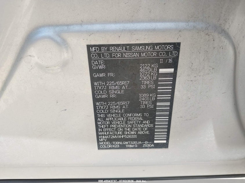 2017 Nissan Rogue VIN KNMAT2MVXHP526331 IAAI salvage auction — REAR END, Salvage Title, sold $1,950 on 2026-07-29 (photo 9)