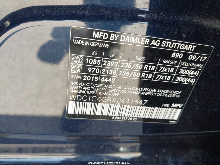 2018 Mercedes-benz Gla-klasse VIN WDCTG4GBXJJ441647 IAAI salvage auction — FRONT END, Salvage (Pennsylvania), sold $3,650 on 2026-07-10 (photo 9)