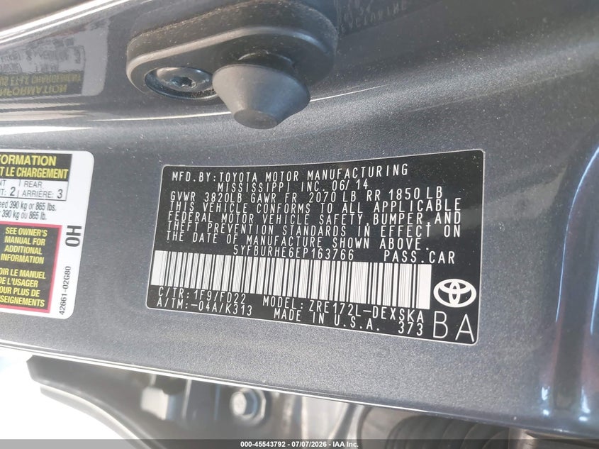 2014 Toyota Corolla VIN 5YFBURHE6EP163766 IAAI salvage auction — FRONT END, Salvage (California), sold $3,025 on 2026-07-15 (photo 9)