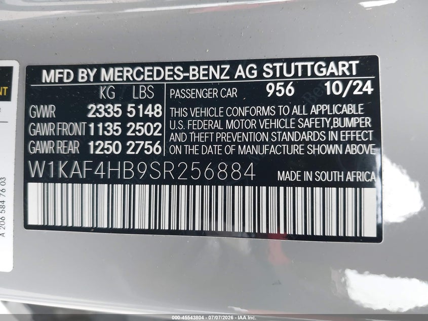 2025 Mercedes-Benz C-Class VIN W1KAF4HB9SR256884 IAAI salvage auction — Front End, Mv-907A (New York), sold $23,500 on 2026-09-14 (photo 9)