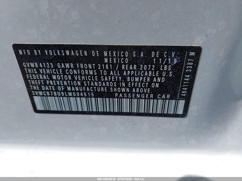 2020 Volkswagen Jetta VIN 3VWCB7BU9LM004515 IAAI salvage auction — REAR END, Salvage Title, sold $5,550 on 2026-07-31 (photo 9)
