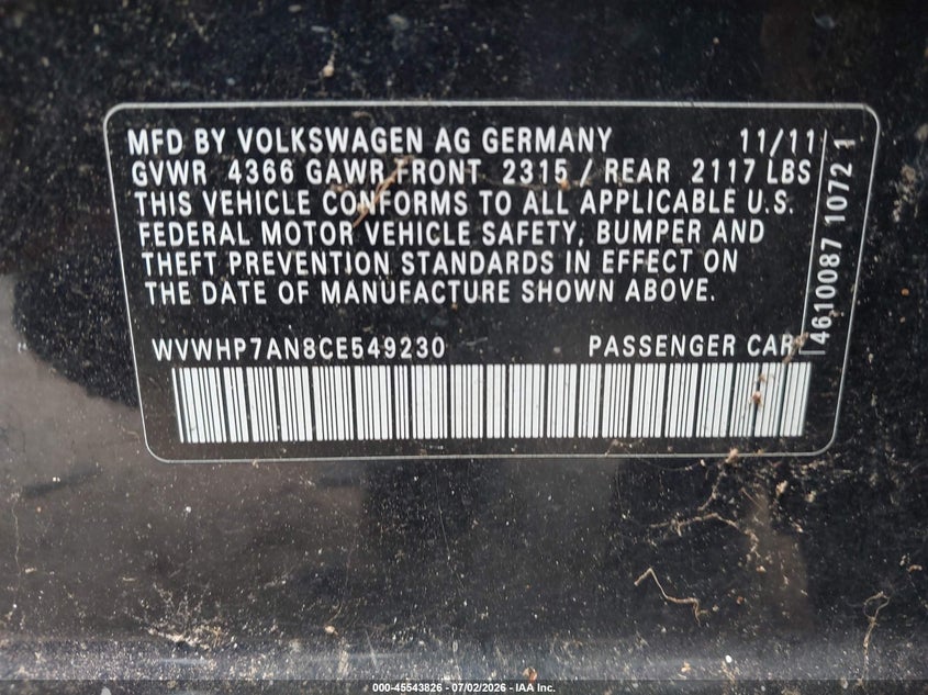 2012 Volkswagen Passat cc VIN WVWHP7AN8CE549230 IAAI salvage auction — FRONT END, Salvage (North Carolina), sold $325 on 2026-07-20 (photo 9)