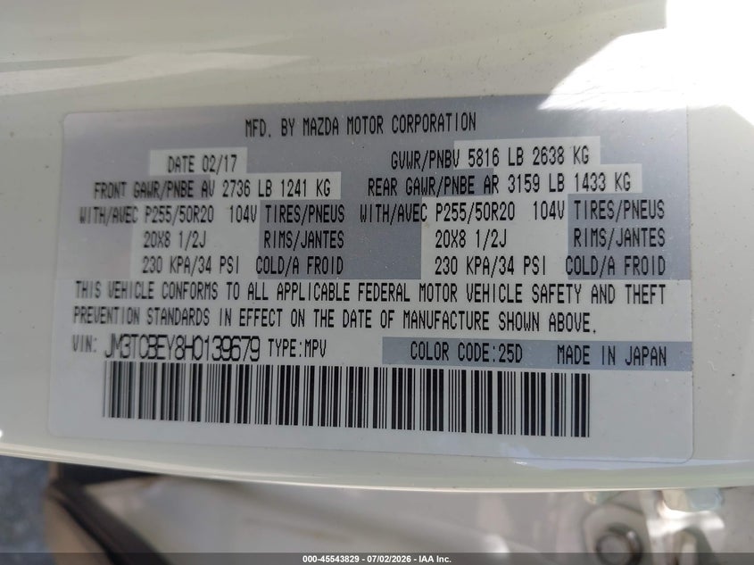 2017 Mazda Cx-9 VIN JM3TCBEY8H0139679 IAAI salvage auction — FRONT END, Clear (Wisconsin), sold $3,250 on 2026-07-21 (photo 9)