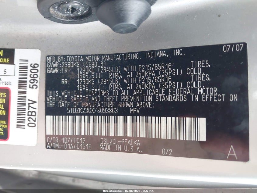 2007 Toyota Sienna VIN 5TDZK23CX7S093863 IAAI salvage auction — NORMAL WEAR, Clear (New York), sold $775 on 2026-07-21 (photo 9)
