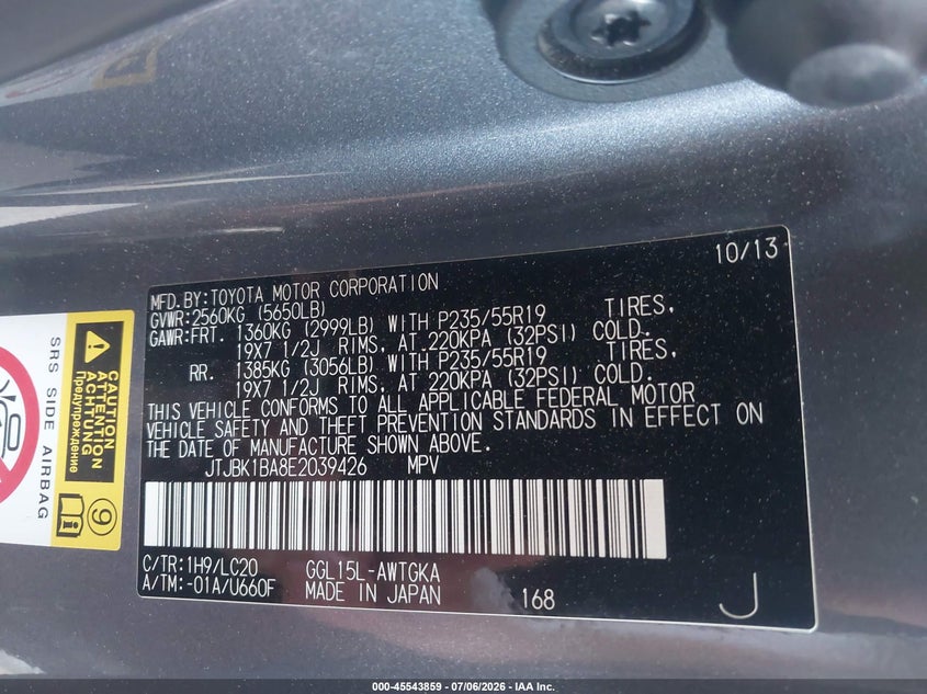 2014 Lexus Rx VIN JTJBK1BA8E2039426 IAAI salvage auction — RIGHT FRONT, Salvage (California), sold $1,100 on 2026-07-28 (photo 9)
