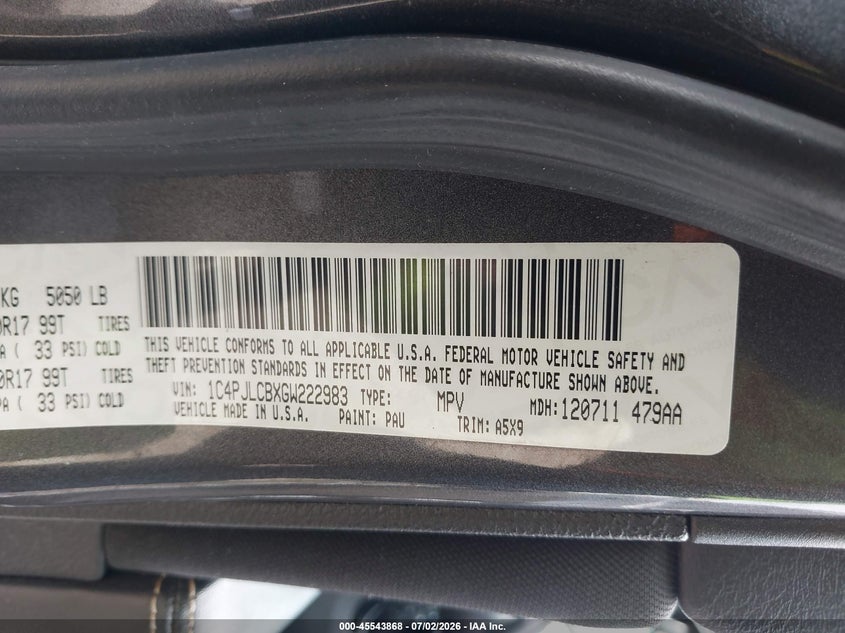 2016 Jeep Cherokee VIN 1C4PJLCBXGW222983 IAAI salvage auction — FRONT END, Salvage Title, sold $175 on 2026-07-23 (photo 9)