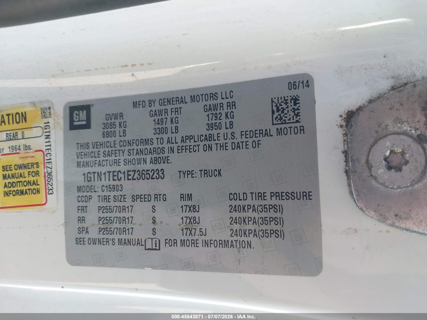 2014 Gmc SIERRA VIN 1GTN1TEC1EZ365233 IAAI salvage auction — FRONT & REAR, Salvage Certificate (California), sold $3,200 on 2026-07-31 (photo 9)