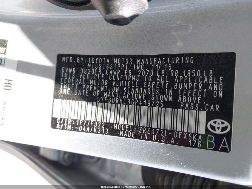 2016 Toyota Corolla VIN 5YFBURHE9GP419725 IAAI salvage auction — FRONT & REAR, Salvage Certificate (California), sold $2,800 on 2026-07-31 (photo 9)