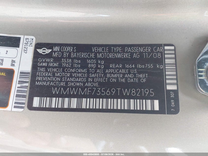 2009 Mini Cooper VIN WMWMF73569TW82195 IAAI salvage auction — NORMAL WEAR, Salvage (Pennsylvania), sold $25 on 2026-07-16 (photo 9)