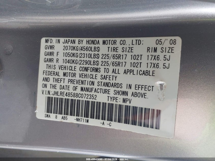 2008 Honda Cr-v VIN JHLRE48588C072352 IAAI salvage auction — NORMAL WEAR, Clear (New Jersey), sold $1,100 on 2026-07-30 (photo 9)