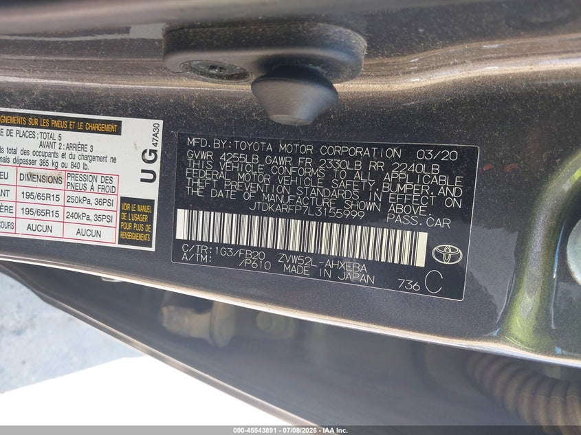 2020 Toyota Prius VIN JTDKARFP7L3155999 IAAI salvage auction — RIGHT FRONT, Salvage (Connecticut), sold $5,700 on 2026-07-23 (photo 9)