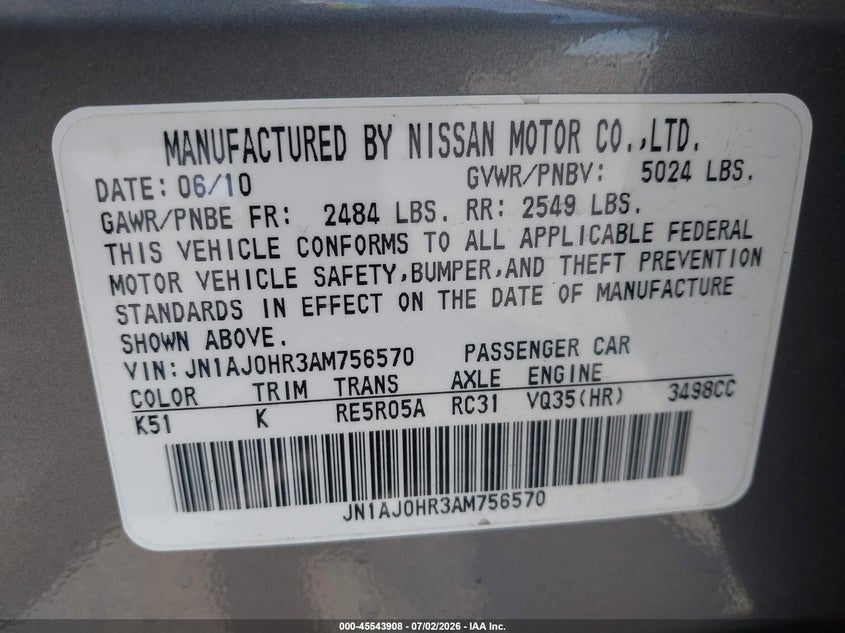 2010 Infiniti Ex35 VIN JN1AJ0HR3AM756570 IAAI salvage auction — FRONT END, Salvage (California), sold $1,600 on 2026-07-17 (photo 9)
