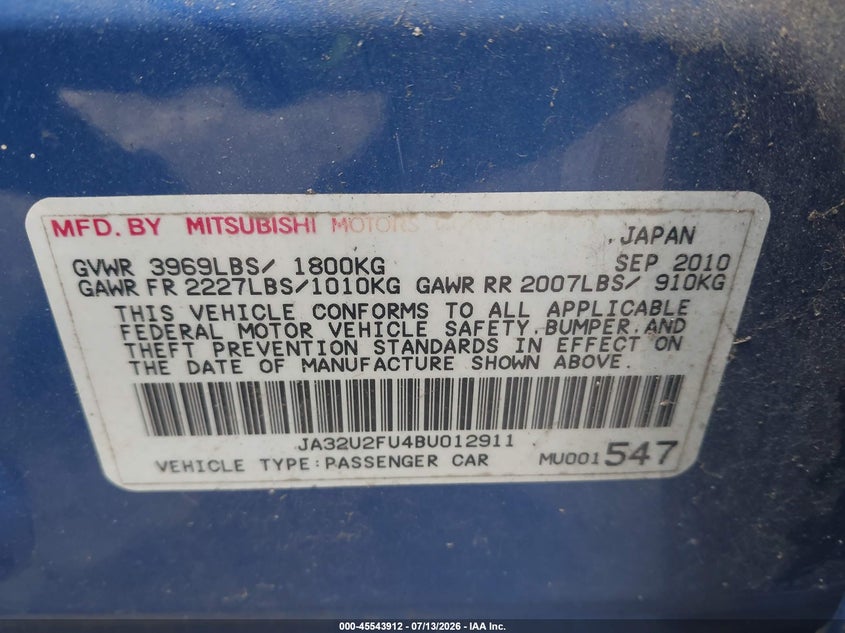 2011 Mitsubishi Lancer VIN JA32U2FU4BU012911 IAAI salvage auction — NORMAL WEAR, Original (Texas), sold $650 on 2026-07-28 (photo 9)
