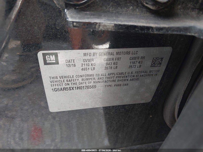 2017 Cadillac Cts VIN 1G6AR5SX1H0176569 IAAI salvage auction — FRONT END, Salvage (Georgia), sold $1,650 on 2026-08-02 (photo 9)
