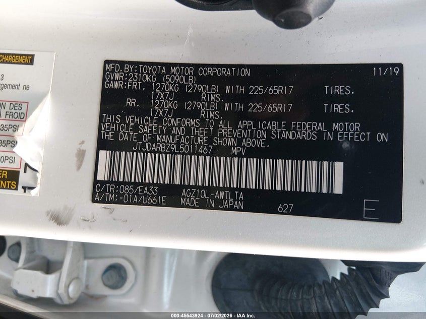 2020 Lexus Nx 300 VIN JTJDARBZ9L5011467 IAAI salvage auction — FRONT END, Salvage (Maryland), sold $1,100 on 2026-07-22 (photo 9)
