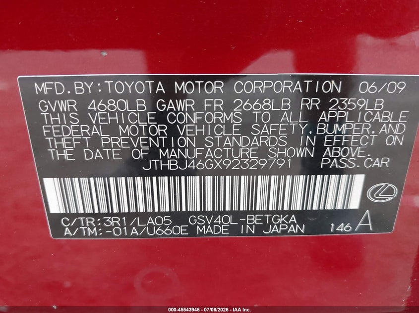 2009 Lexus Es 350 VIN JTHBJ46GX92329791 IAAI salvage auction — NORMAL WEAR, Clear (Tennessee), sold $925 on 2026-07-26 (photo 9)