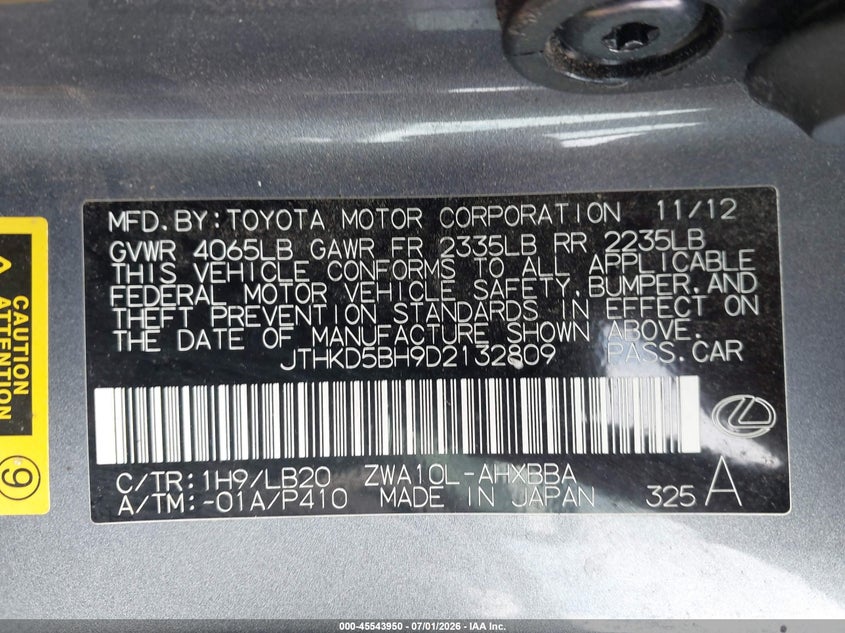 2013 Lexus VIN JTHKD5BH9D2132809 IAAI salvage auction — NORMAL WEAR, Clear (Washington), sold $3,200 on 2026-07-22 (photo 9)