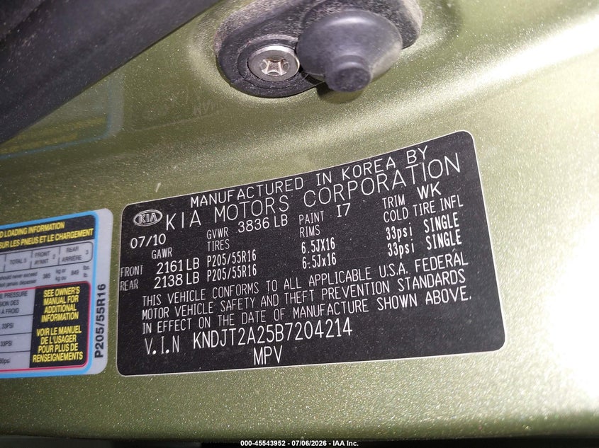 2011 Kia Soul VIN KNDJT2A25B7204214 IAAI salvage auction — FRONT END, Salvage (Pennsylvania), sold $250 on 2026-07-23 (photo 9)