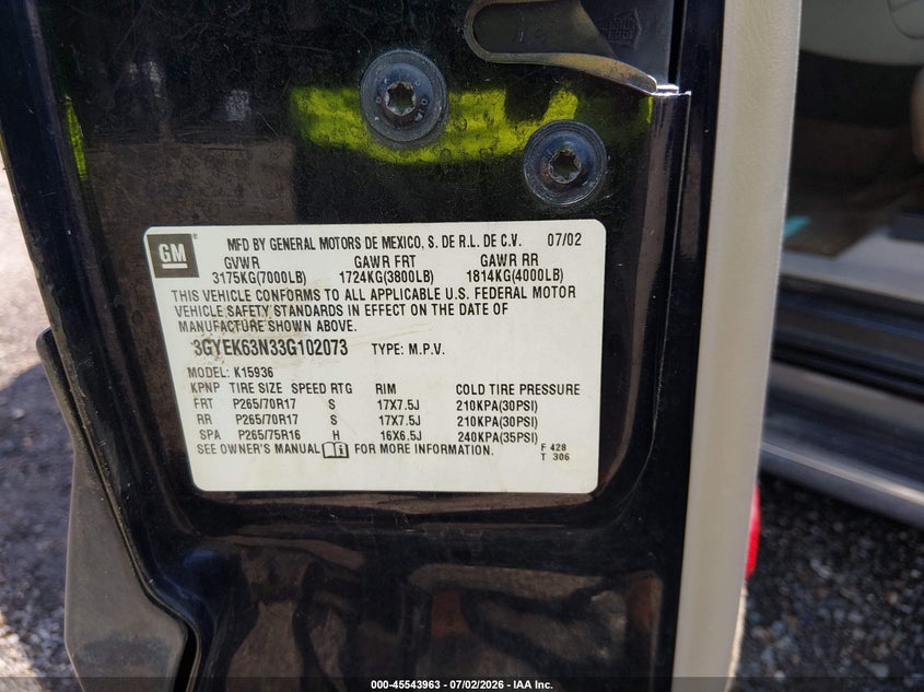 2003 Cadillac Escalade VIN 3GYEK63N33G102073 IAAI salvage auction — REAR END, Salvage (Louisiana), sold $25 on 2026-07-18 (photo 9)