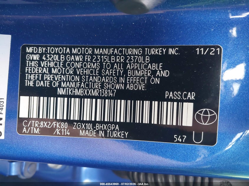 2021 Toyota C-hr VIN NMTKHMBXXMR138147 IAAI salvage auction — FRONT END, Salvage Certificate (California), sold $25 on 2026-07-22 (photo 9)