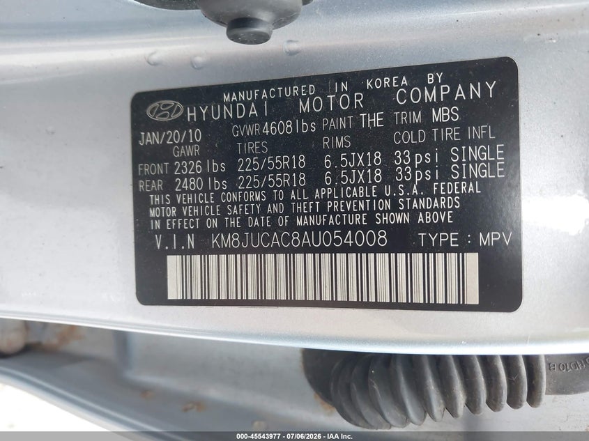 2010 Hyundai Tucson VIN KM8JUCAC8AU054008 IAAI salvage auction — SIDE, Mv-907A (New York), sold $1,300 on 2026-07-17 (photo 9)