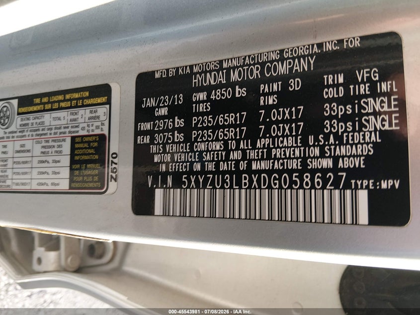 2013 Hyundai Santa fe VIN 5XYZU3LBXDG058627 IAAI salvage auction — NORMAL WEAR, Clear (Missouri), sold $1,350 on 2026-07-23 (photo 9)