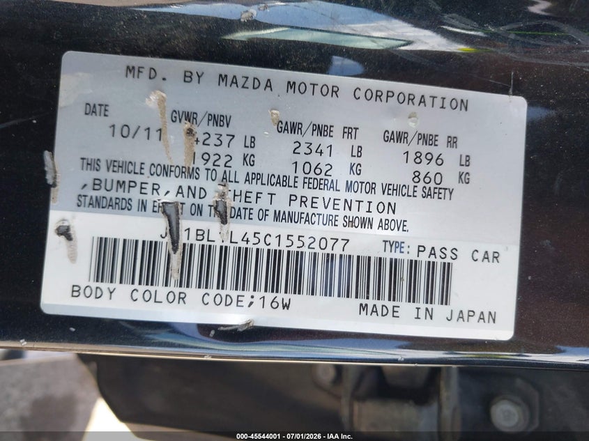 2012 Mazda VIN JM1BL1L45C1552077 IAAI salvage auction — NORMAL WEAR, Clear - Dealer Only (California), sold $375 on 2026-07-14 (photo 9)