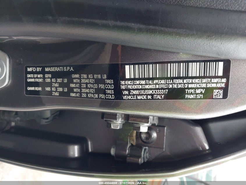 2019 Maserati Levante VIN ZN661XUS9KX333317 IAAI salvage auction — FRONT & REAR, Salvage Title, sold $2,550 on 2026-08-02 (photo 9)