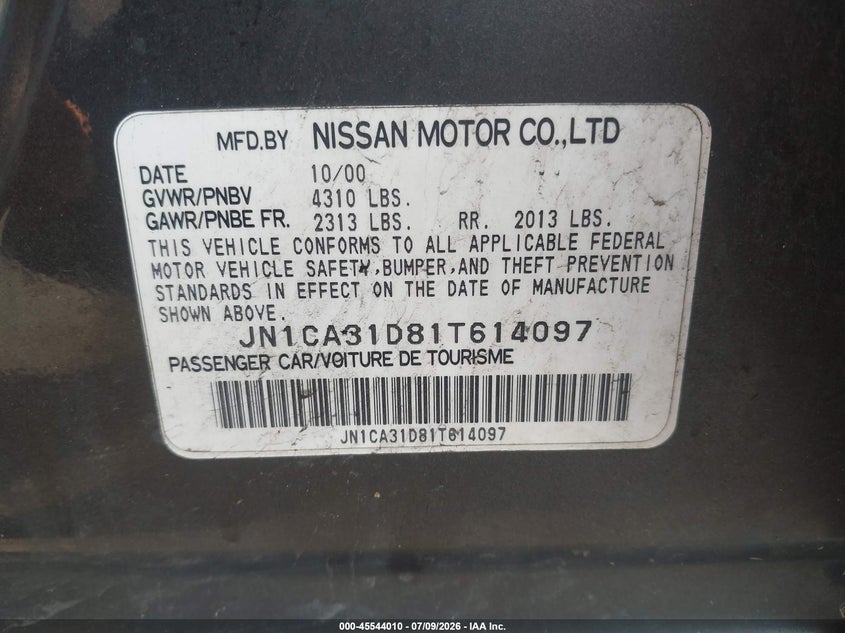 2001 Nissan Maxima VIN JN1CA31D81T614097 IAAI salvage auction — NORMAL WEAR, Clear (New Jersey), sold $375 on 2026-07-29 (photo 9)