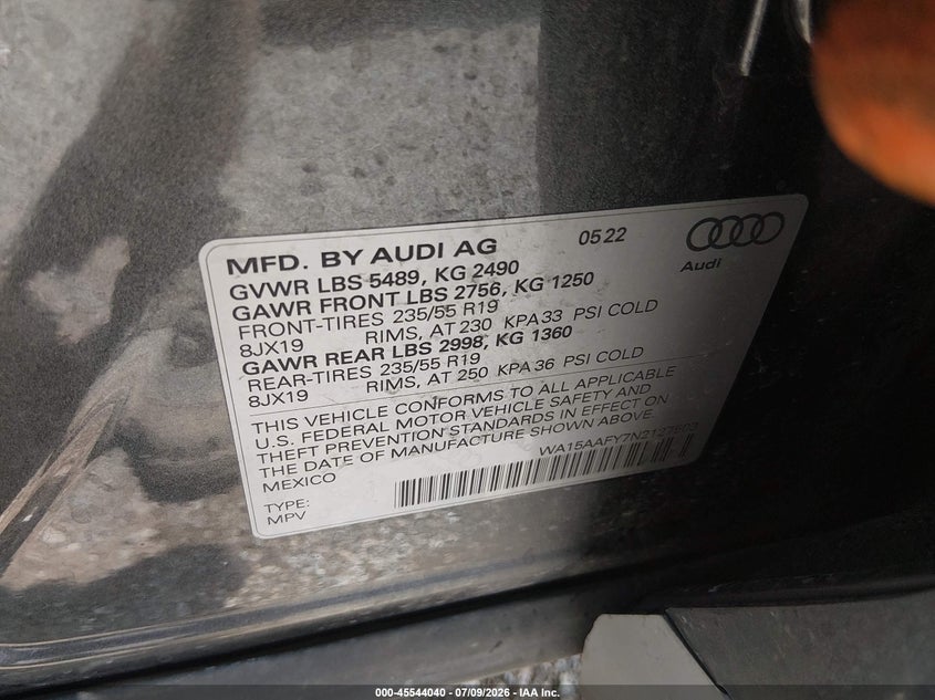 2022 Audi Q5 sportback VIN WA15AAFY7N2127503 IAAI salvage auction — FRONT END, Salvage (Indiana), sold $14,000 on 2026-08-23 (photo 9)