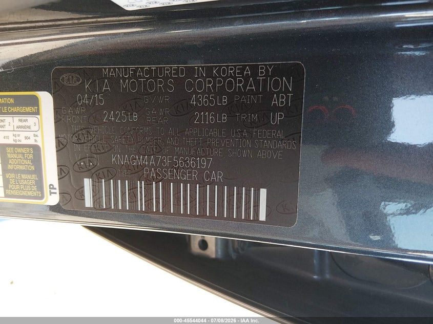 2015 Kia Optima VIN KNAGM4A73F5636197 IAAI salvage auction — LEFT REAR, Salvage (Kansas), sold $575 on 2026-07-31 (photo 9)