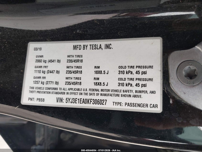2019 Tesla Model 3 VIN 5YJ3E1EA0KF306027 IAAI salvage auction — LEFT REAR, Salvage (Texas), sold $25 on 2026-07-09 (photo 9)