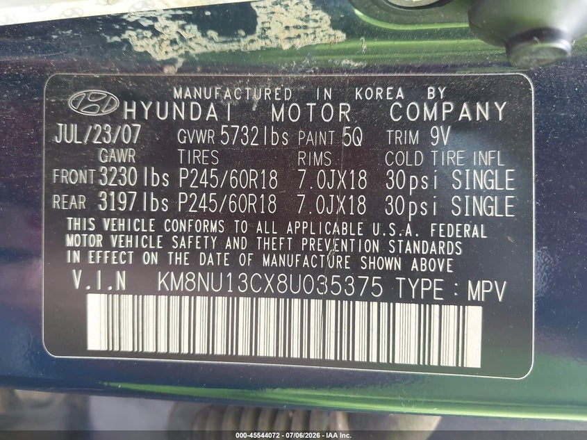 2008 Hyundai Veracruz VIN KM8NU13CX8U035375 IAAI salvage auction — UNKNOWN, Clear (Alabama), sold $1,200 on 2026-07-13 (photo 9)