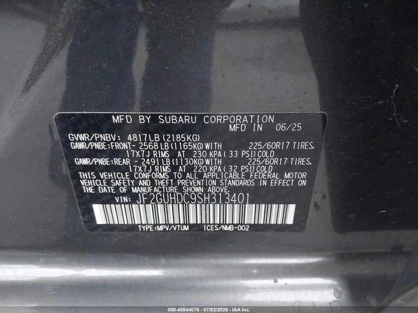 2025 Subaru Xv VIN JF2GUHDC9SH313401 IAAI salvage auction — LEFT SIDE, Salvage Title, sold $10,300 on 2026-07-31 (photo 9)