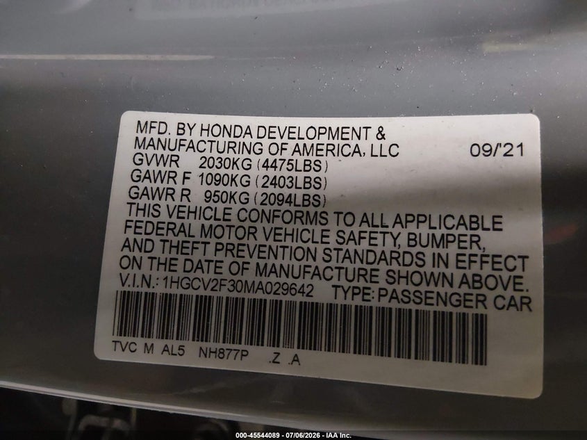 2021 Honda Accord VIN 1HGCV2F30MA029642 IAAI salvage auction — FRONT END, Mv-907A (New York), sold $9,100 on 2026-07-31 (photo 9)