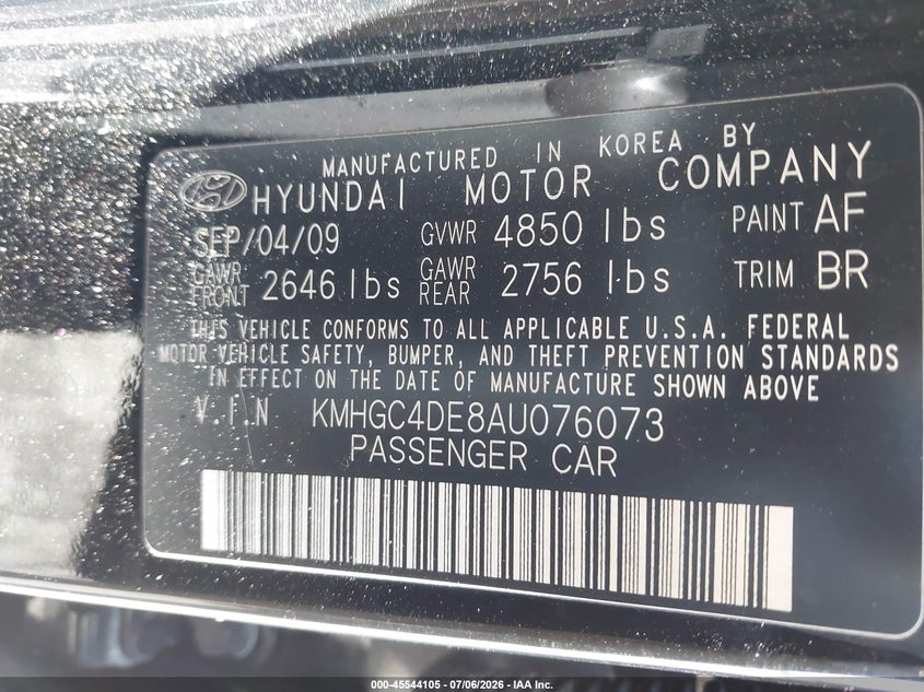 2010 Hyundai Genesis VIN KMHGC4DE8AU076073 IAAI salvage auction — FRONT & REAR, Rebuildable (Florida), sold $325 on 2026-07-20 (photo 9)