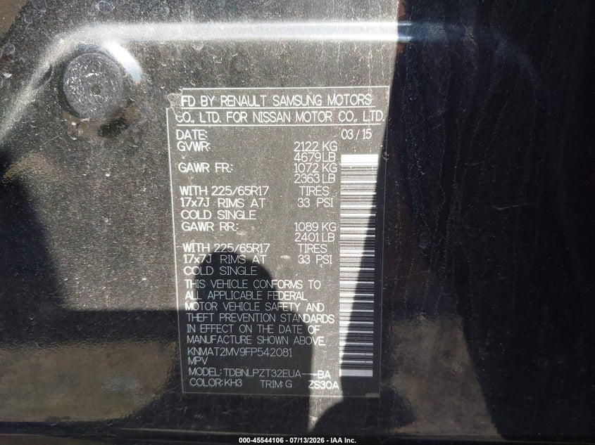 2015 Nissan Rogue VIN KNMAT2MV9FP542081 IAAI salvage auction — FRONT END, Clear (Massachusetts), sold $400 on 2026-07-24 (photo 9)