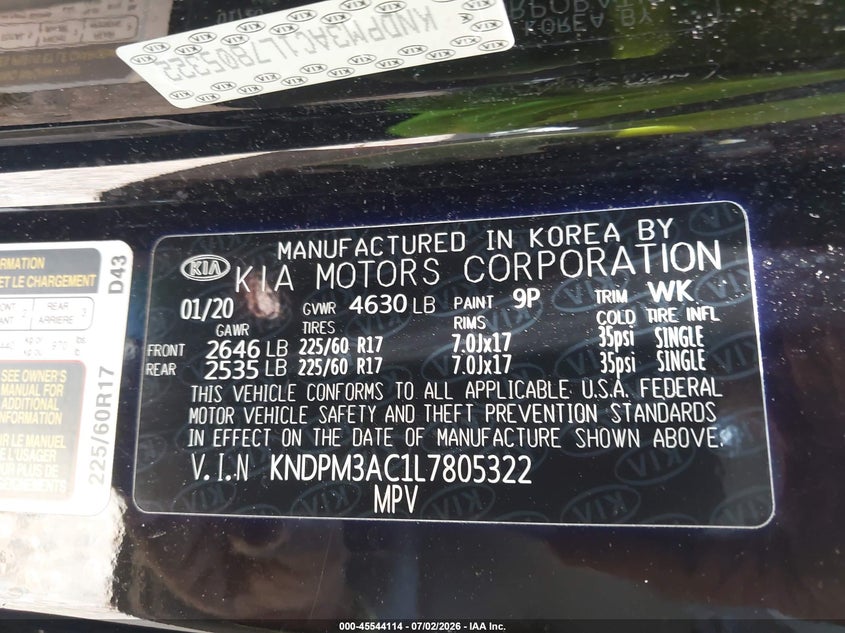 2020 Kia Sportage VIN KNDPM3AC1L7805322 IAAI salvage auction — SIDE, Salvage (North Carolina), sold $3,550 on 2026-07-23 (photo 9)