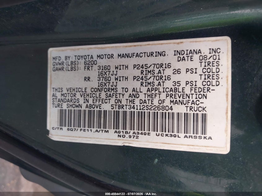 2002 Toyota Tundra VIN 5TBRT34112S226804 IAAI salvage auction — FRONT END, Rebuildable (Florida), sold $2,150 on 2026-07-28 (photo 9)