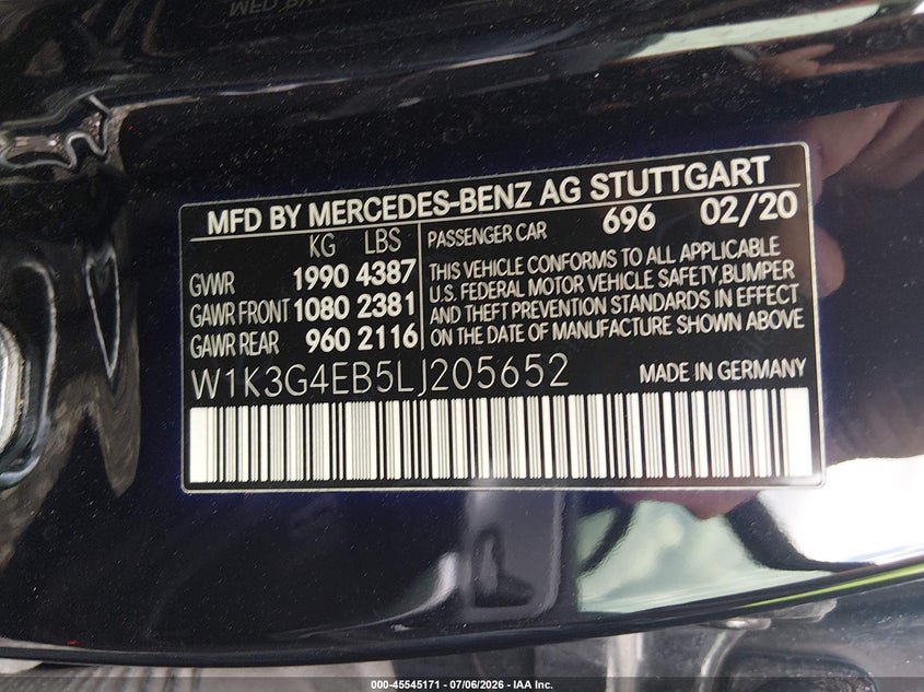 2020 Mercedes-benz A-klasse VIN W1K3G4EB5LJ205652 IAAI salvage auction — FRONT END, Salvage (Arkansas), sold $5,500 on 2026-07-26 (photo 9)