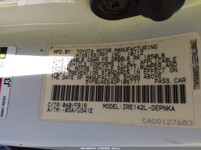 2013 Toyota Corolla VIN 5YFBU4EE4DP106777 IAAI salvage auction — REAR END, Salvage Title, sold $1,950 on 2026-08-02 (photo 9)