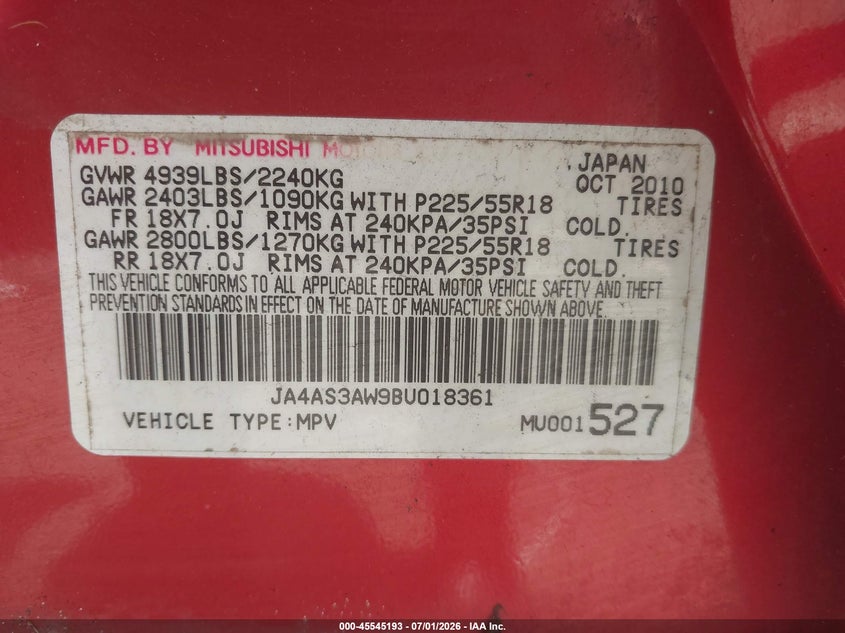 2011 Mitsubishi Outlander VIN JA4AS3AW9BU018361 IAAI salvage auction — NORMAL WEAR, Clear (Hawaii), sold $225 on 2026-07-14 (photo 9)