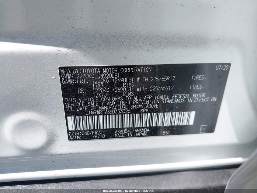 2025 Toyota Rav 4 VIN JTMRWRFV3SD333026 IAAI salvage auction — FRONT END, Salvage Title, sold $14,300 on 2026-07-29 (photo 9)