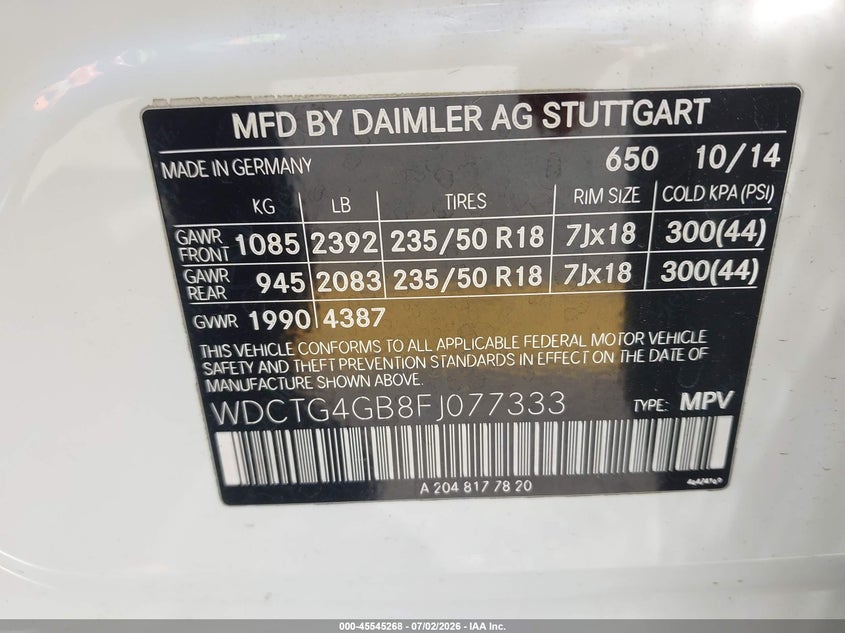 2015 Mercedes-benz Gla-class VIN WDCTG4GB8FJ077333 IAAI salvage auction — NORMAL WEAR, Clear - Dealer Only (California), sold $950 on 2026-07-21 (photo 9)